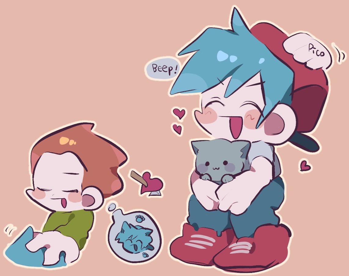 2boys, blue_hair, boyfriend_(friday_night_funkin'), cat, cat_boy, cat_ears, cat_on_lap, closed_eyes, friday_night_funkin', grey_cat, happy, heart, male_focus, orange_hair, petting, pico_(pico's_school), simple_background, sitting, smile, suisitai_fnf, symbol_commentary, tan_background, yaoi