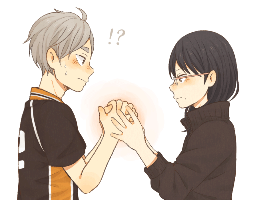 !?, 1boy, 1girl, black_hair, blush, commentary_request, glasses, grey_hair