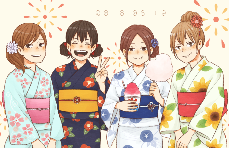4girls, alternate_costume, alternate_hairstyle, bangs, black_hair, brown_hair, closed_eyes, closed_mouth
