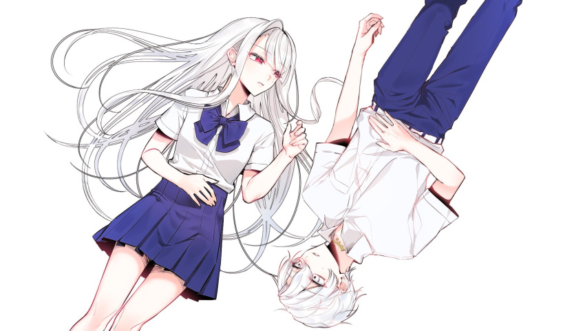 1boy, 1girl, :irai, bangs, belt, blue_bow, blue_bowtie, blue_pants