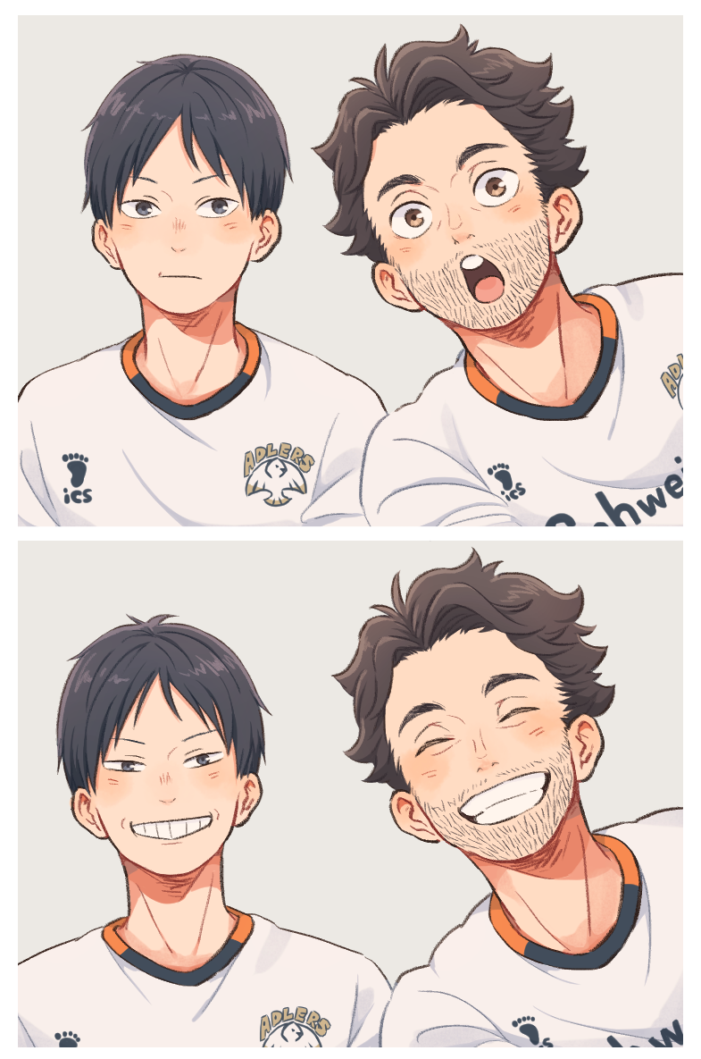 2boys, black_hair, blue_eyes, brown_eyes, brown_hair, commentary_request, facial_hair, grin