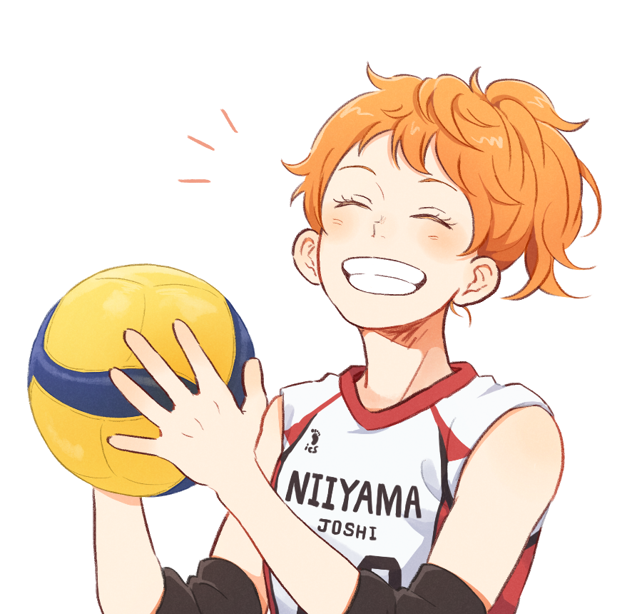 1girl, ball, blush_stickers, closed_eyes, commentary_request, elbow_pads, grin, haikyuu!!