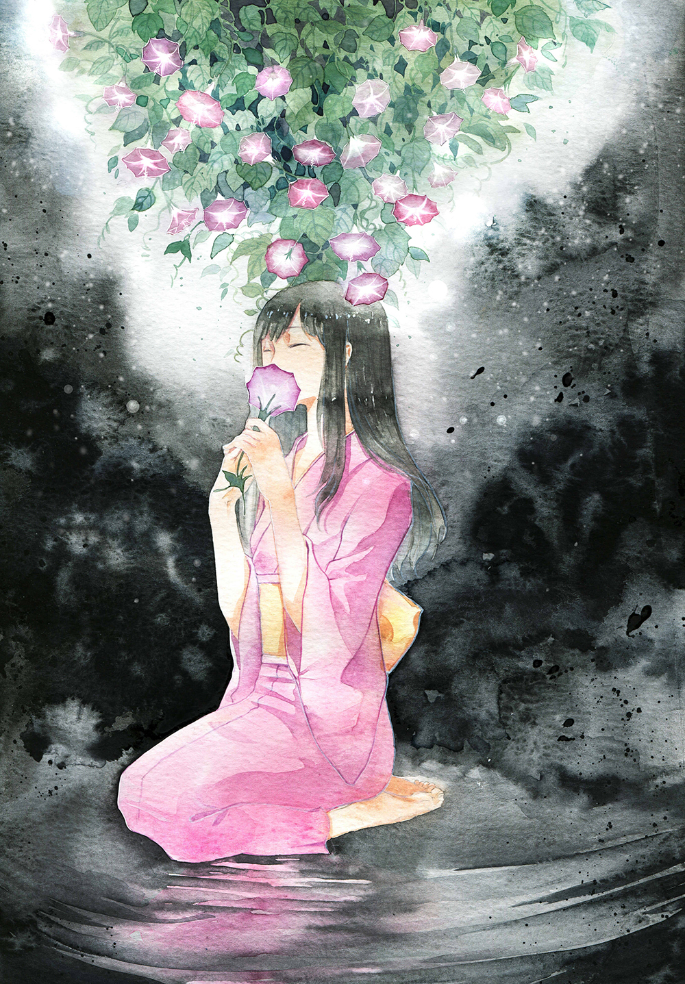 1girl, akoya_(mushishi), amber_t, bangs, barefoot, black_background, black_hair, closed_eyes