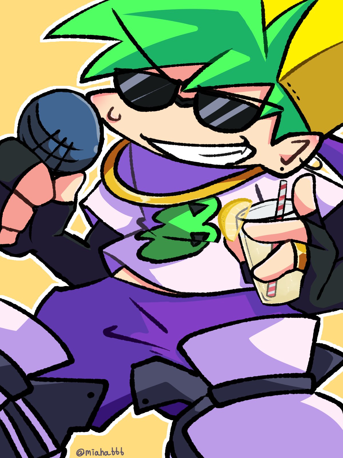 1boy, alternate_universe, boyfriend_(friday_night_funkin'), cup, friday_night_funkin', friday_night_funkin'_b3_remixed, green_hair, grin