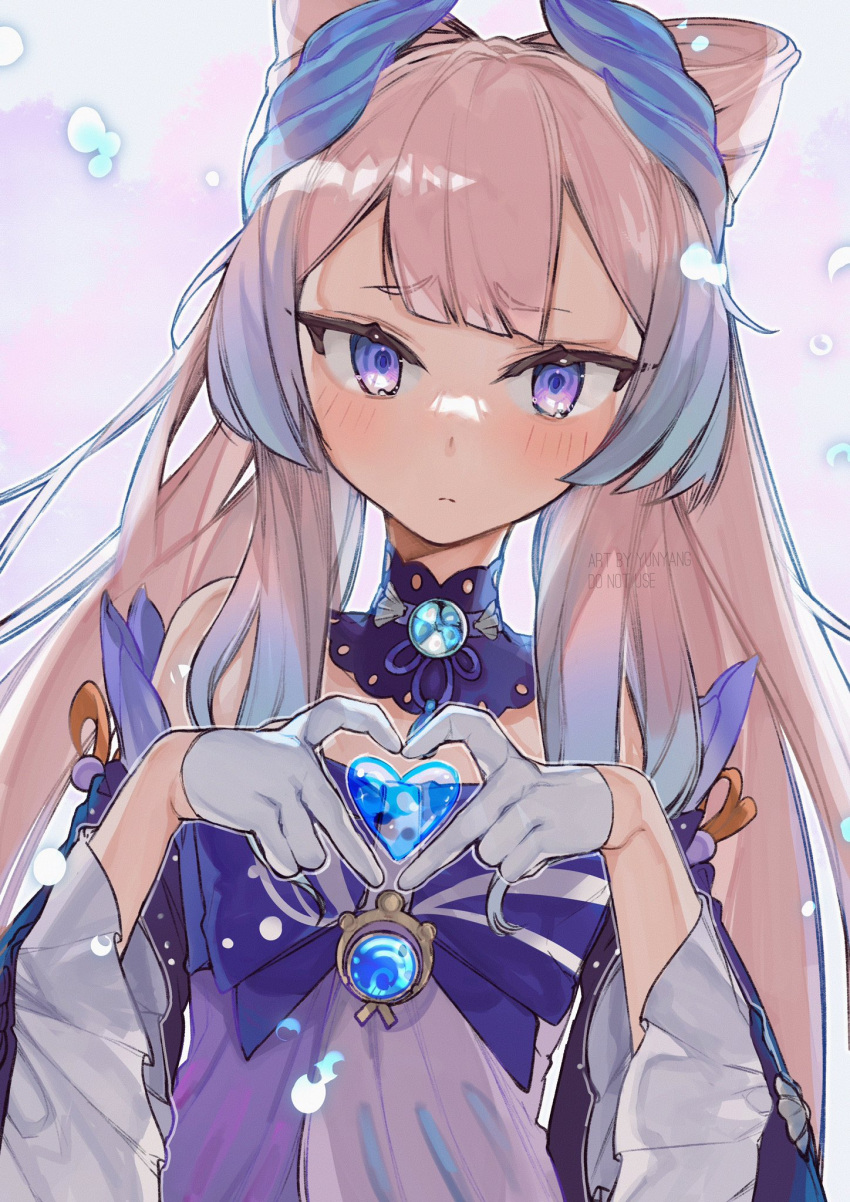 1girl, bangs, bare_shoulders, blue_bow, blunt_bangs, blush, bow, brooch, closed_mouth, datyun, detached_collar, detached_sleeves, dress, eyebrows_visible_through_hair, genshin_impact, gloves, hair_ornament, hands_up, heart, heart_hands, highres, jewelry, long_hair, looking_at_viewer, pink_hair, sangonomiya_kokomi, solo, upper_body, violet_eyes, white_gloves, wide_sleeves