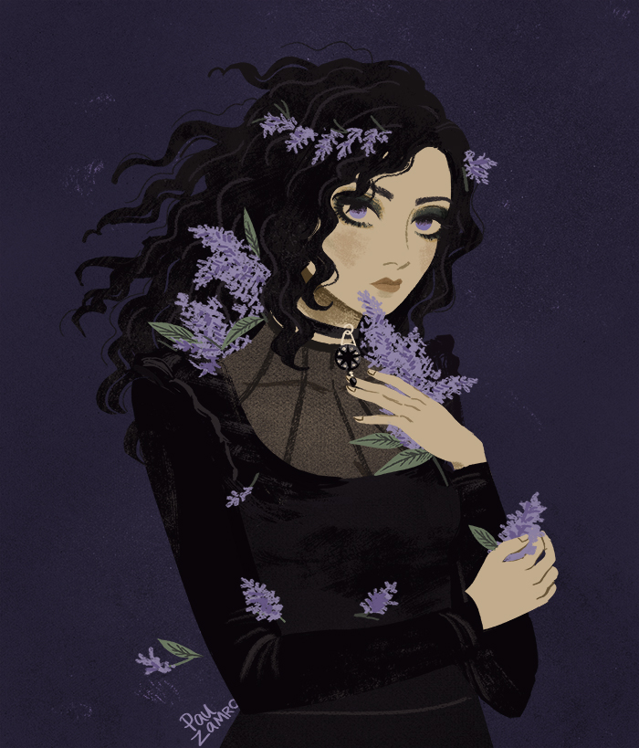 1girl, black_hair, choker, expressionless, eyelashes, eyeshadow, floating_hair, flower