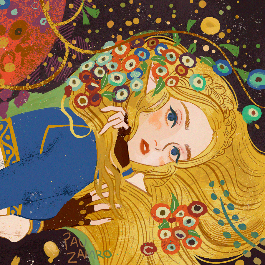 1girl, blonde_hair, blue_eyes, blush, fine_art_parody, fingerless_gloves, flower, gloves, gustav_klimt_(style), lips, long_hair, looking_up, lying, on_stomach, parody, parted_lips, pau, pointy_ears, princess_zelda, shirt, solo, the_legend_of_zelda, the_legend_of_zelda:_breath_of_the_wild