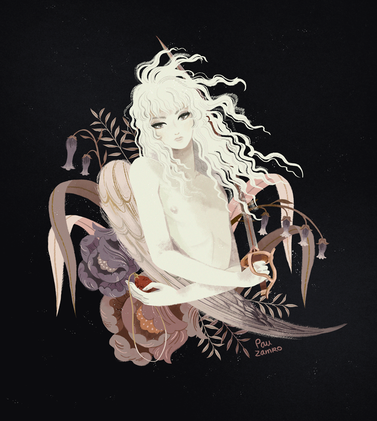 1boy, androgynous, berserk, black_background, expressionless, floating_hair, flower, grey_eyes