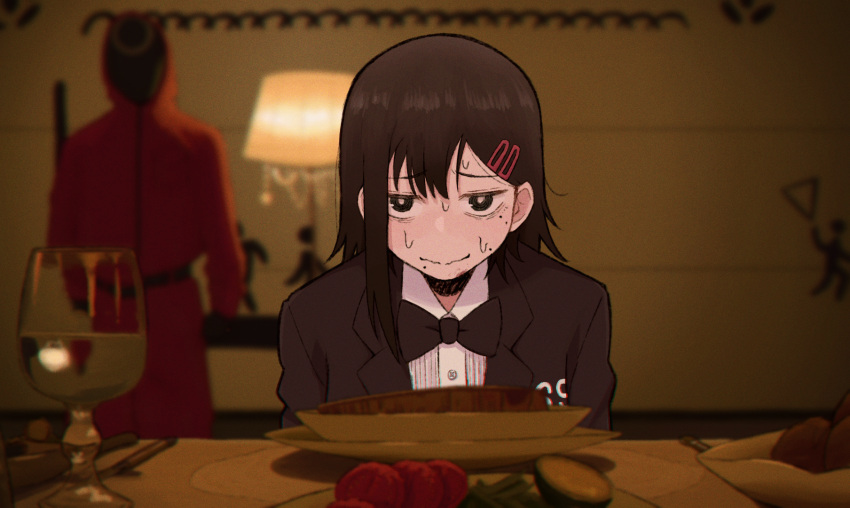 1boy, 1girl, alternate_costume, alternate_hairstyle, black_eyes, black_hair, black_mask, bow