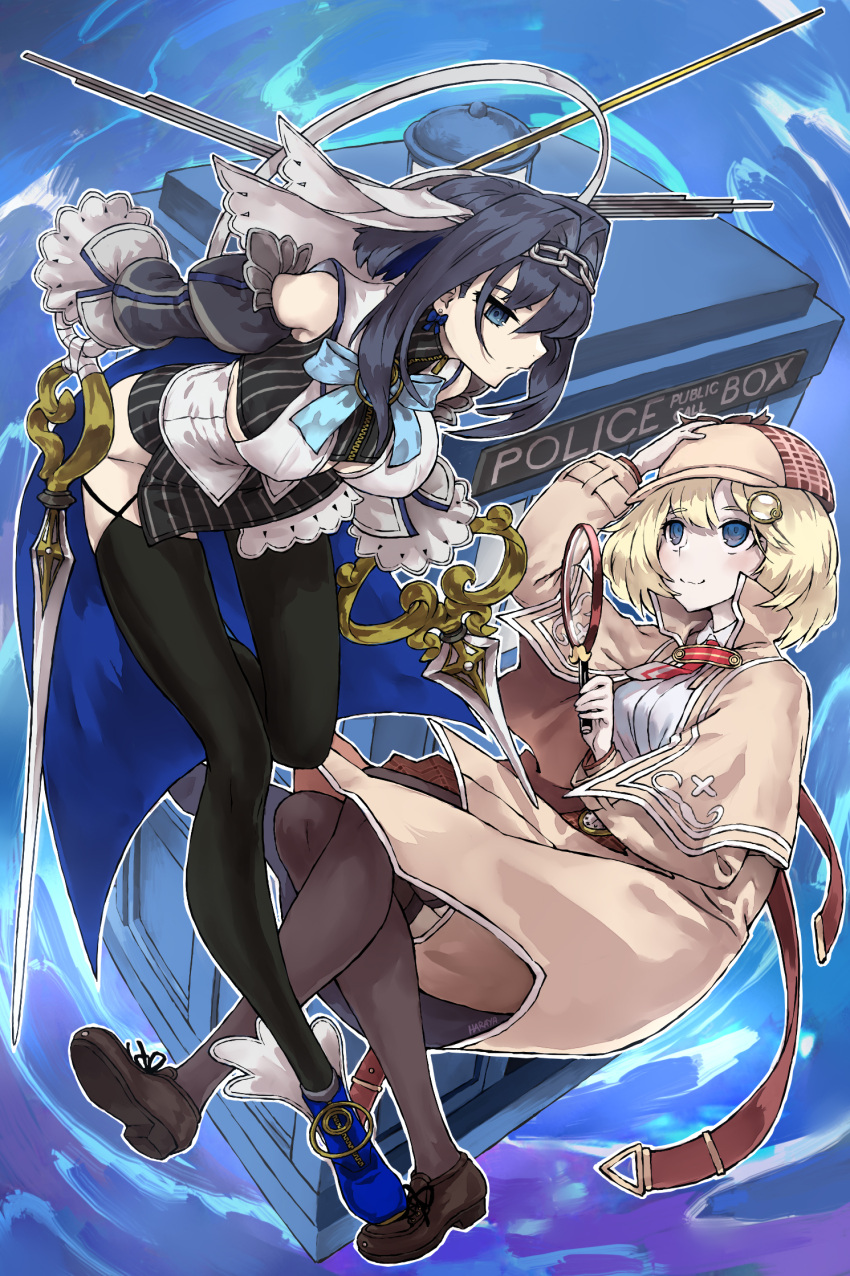 asymmetrical_clothes, black_gloves, black_legwear, blonde_hair, blue_cape, blue_eyes, blue_hair, blue_ribbon