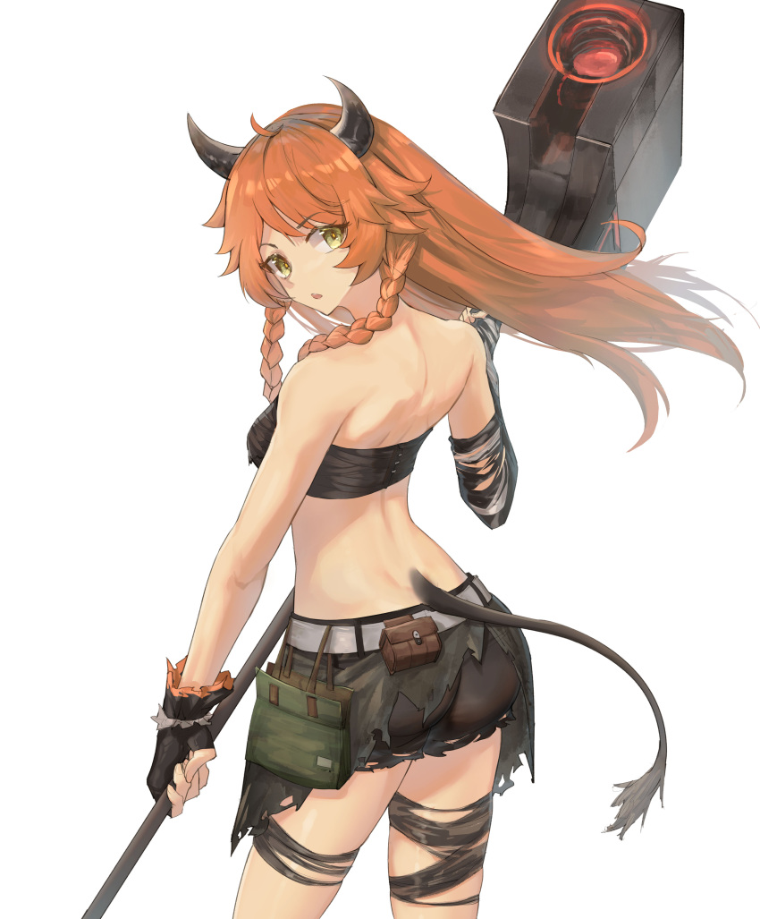 1girl, absurdres, arknights, ass, bandeau, bangs, bare_shoulders, belt, black_gloves, braid, commentary_request, cowboy_shot, croissant_(arknights), croissant_(seeker)_(arknights), eyebrows_visible_through_hair, fingerless_gloves, from_behind, gloves, hammer, head_tilt, highres, holding, holding_hammer, holding_weapon, horns, long_hair, looking_back, midriff, official_alternate_costume, orange_hair, parted_lips, simple_background, solo, standing, strapless, tail, thigh_strap, thighs, tube_top, twin_braids, vchan, weapon, white_background, yellow_eyes