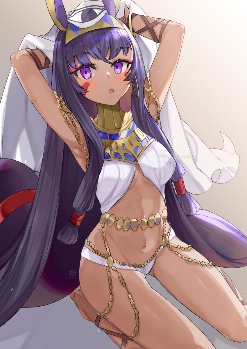 1girl, :o, absurdres, arms_up, ass_visible_through_thighs, bangs, barefoot, belly_chain, breasts, chain, dark_skin, datyun, earrings, eyebrows_visible_through_hair, fate/grand_order, fate_(series), full_body, hair_ribbon, hair_tubes, highres, hoop_earrings, jewelry, long_hair, looking_at_viewer, low-tied_long_hair, medium_breasts, navel, nitocris_(fate), open_mouth, purple_hair, ribbon, seiza, simple_background, single_earring, sitting, solo, stomach, thighs, very_long_hair, violet_eyes