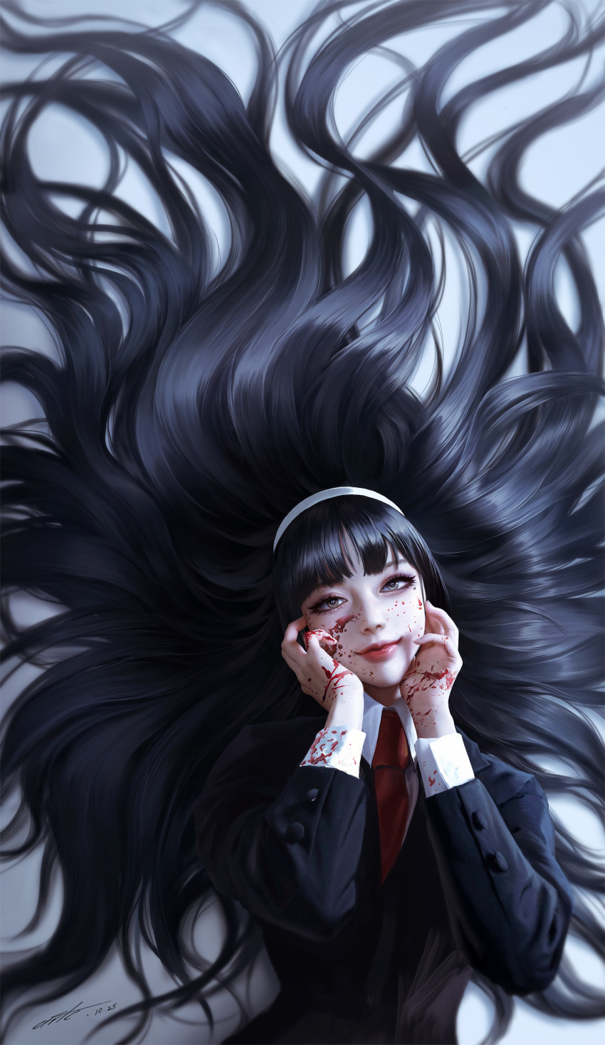 1girl, absurdres, bangs, black_hair, blazer, blood, blood_on_face, blood_on_hands