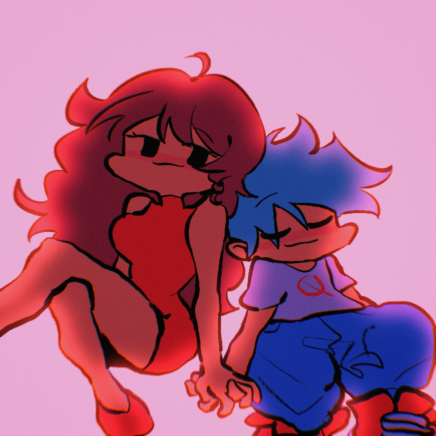 1boy, 1girl, 9ildb1rydzfi9f2, black_eyes, blue_hair, brown_hair, closed_eyes, dress, hand_holding, hetero, korean_commentary, long_hair, no_symbol, pink_background, red_dress, short_hair, simple_background, sitting, smile