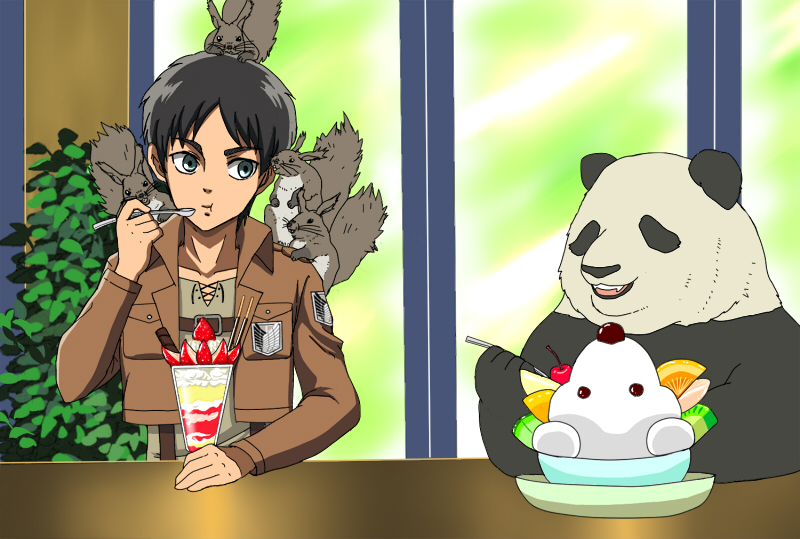 1boy, belt, black_hair, blue_eyes, choko_(20040421), crossover, eating, emblem, eren_yeager, jacket, long_sleeves, panda, panda_(shirokuma_cafe), paradis_military_uniform, parfait, shingeki_no_kyojin, shirokuma_cafe, short_hair, squirrel, three-dimensional_maneuver_gear, uniform