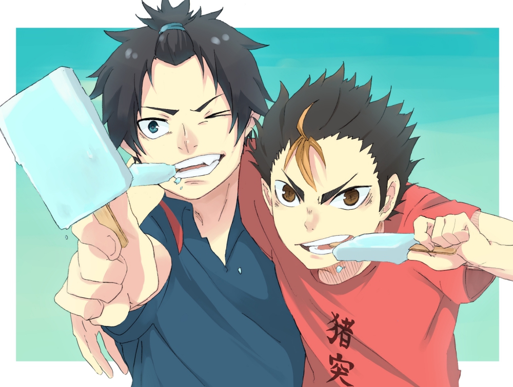 2boys, ao_no_exorcist, black_hair, blue_eyes, blue_shirt, brown_eyes, brown_hair, crossover