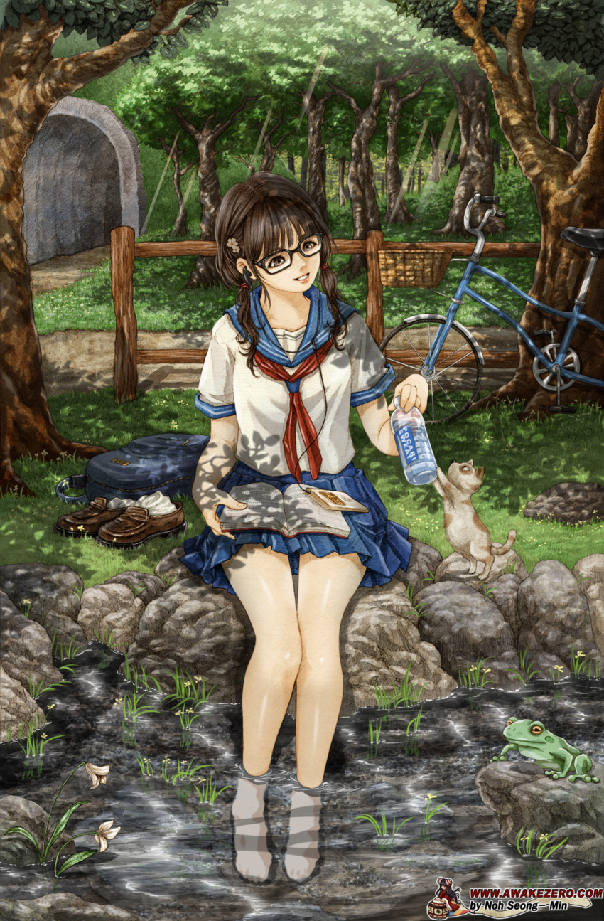 1girl, artist_name, bag, barefoot, bicycle, black-framed_eyewear, blue_sailor_collar, bottle