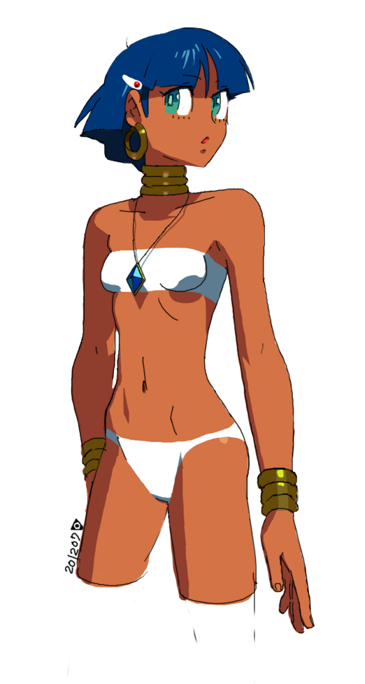 1girl, blue_hair, bracelet, breasts, dark-skinned_female, dark_skin, earrings, fushigi_no_umi_no_nadia, hair_ornament, hairclip, harumaru, jewelry, nadia_la_arwall, navel, neck_ring, necklace, panties, short_hair, simple_background, solo, strapless, tube_top, underwear, white_background, white_panties