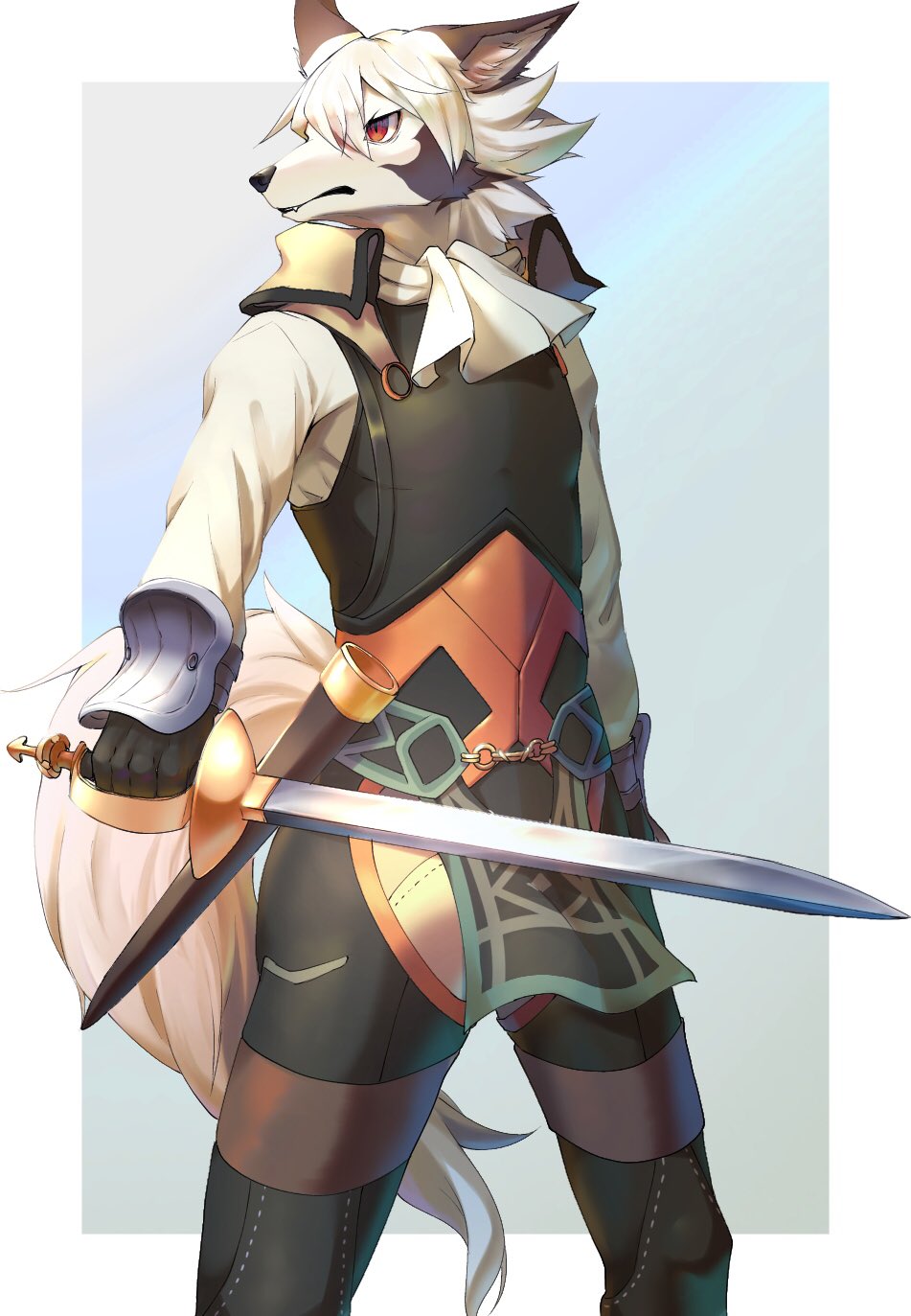 1boy, albert_(world_flipper), animal_ear_fluff, animal_ears, animal_nose, arm_at_side, armor, ascot