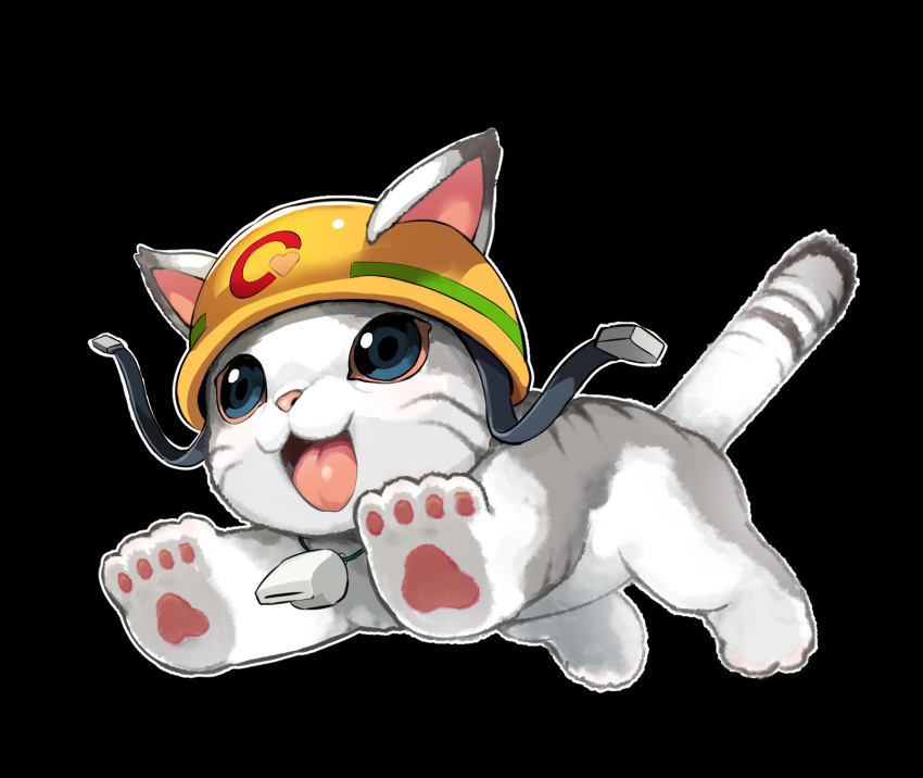 :3, animal, animal_focus, black_background, blue_eyes, cat, clothed_animal, commentary_request