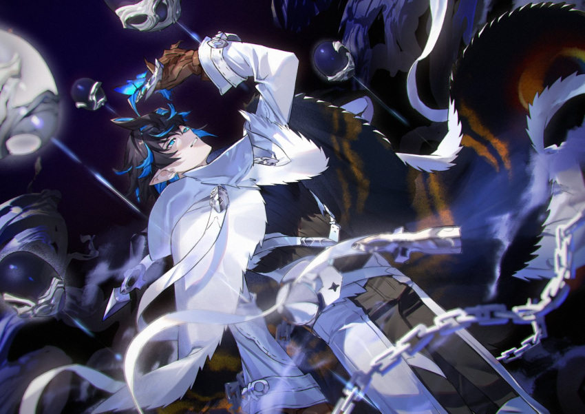 1boy, alchemy_stars, arm_up, black_hair, black_pants, black_shirt, blue_eyes, blue_hair