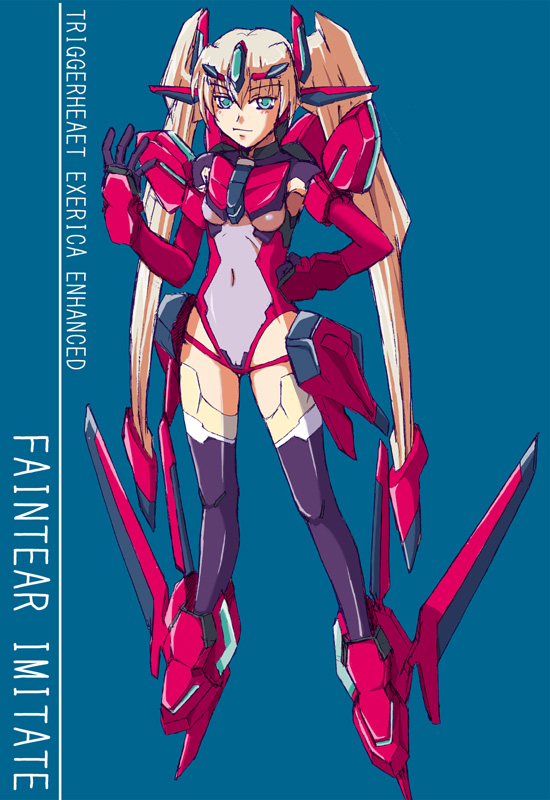 armor, blonde_hair, bodysuit, faintear, long_hair, mecha_musume, navel, triggerheart_exelica