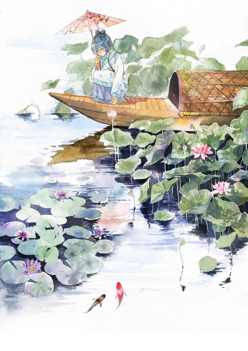 1girl, amber_t, bangs, blue_hair, blue_kimono, boat, chinese_commentary, commentary_request
