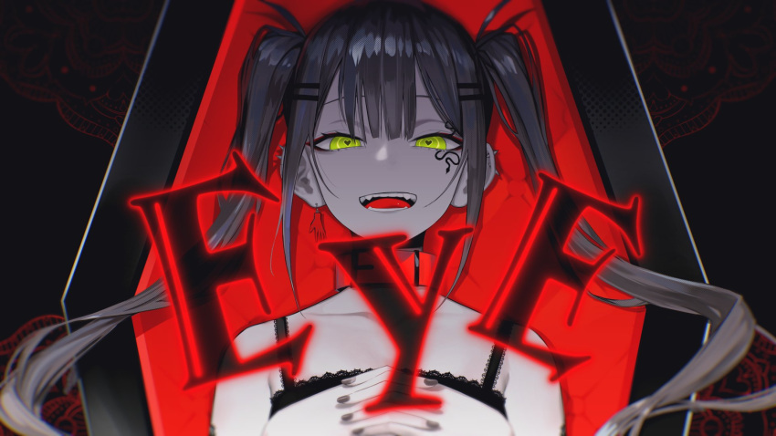 1girl, bangs, bare_shoulders, black_nails, collar, collarbone, commentary_request, ear_piercing