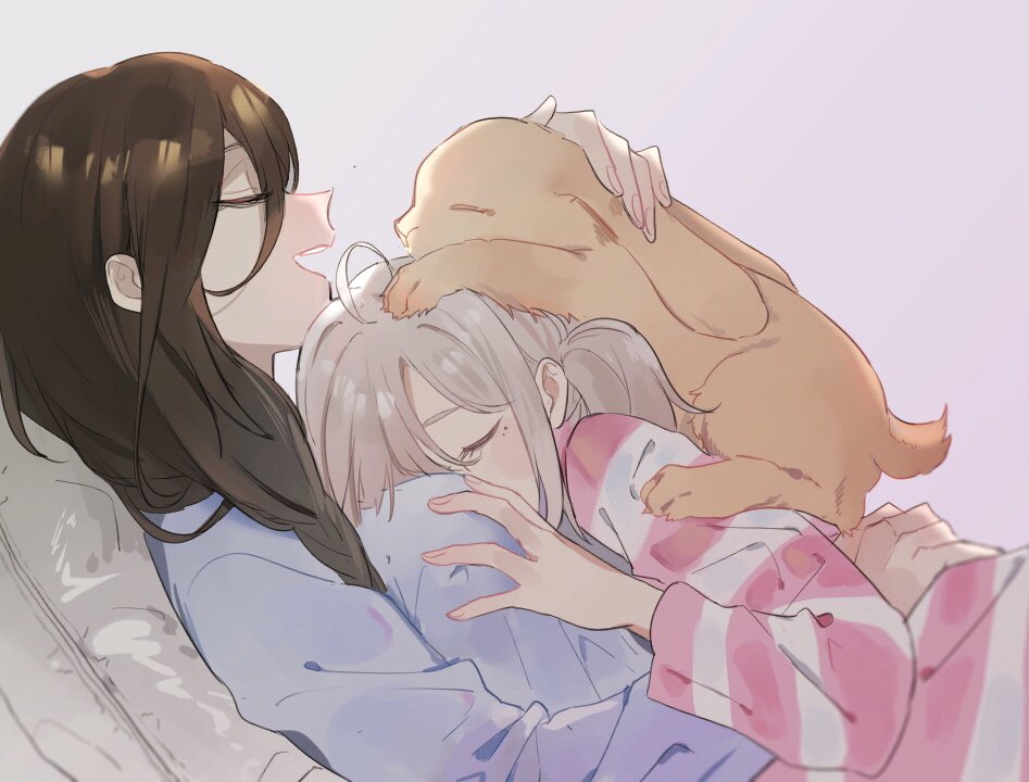 2girls, ahoge, blue_shirt, breasts, brown_hair, closed_eyes, grey_hair, hand_on_breast