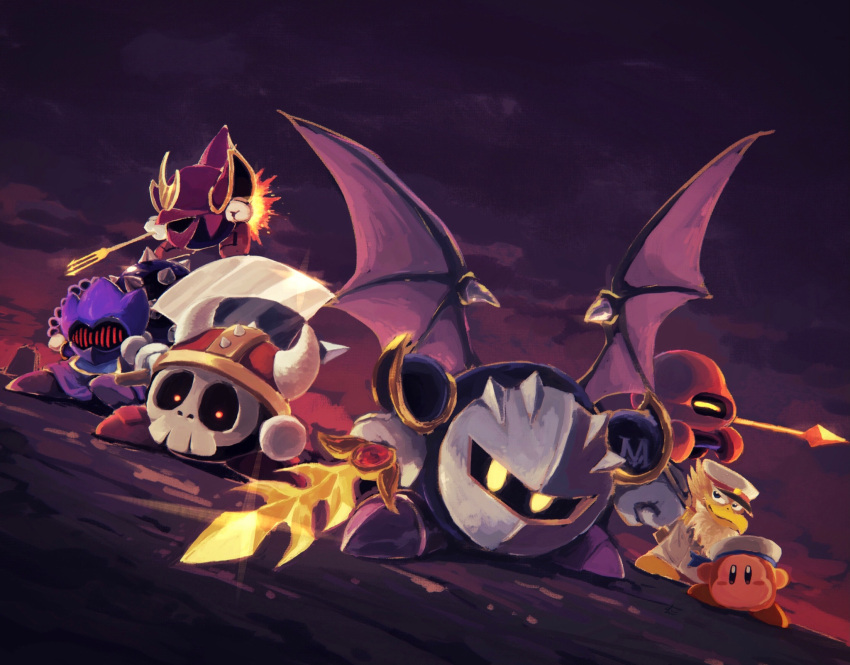 armor, axe, axe_knight_(kirby), bat_wings, captain_vul, clouds, cloudy_sky, dark_sky
