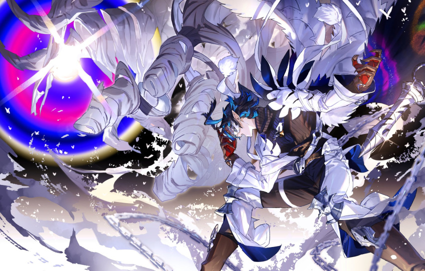 1boy, alchemy_stars, antenna_hair, belt, black_hair, black_pants, black_sweater, blue_hair