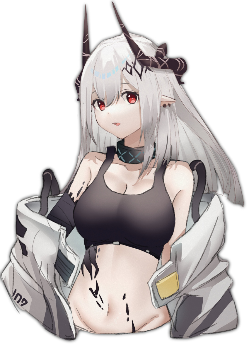 1girl, absurdres, arknights, arurire, bangs, breasts, commentary_request, highres, horns, large_breasts, long_hair, looking_at_viewer, mudrock_(arknights), parted_lips, pointy_ears, red_eyes, silver_hair, simple_background, solo, white_background