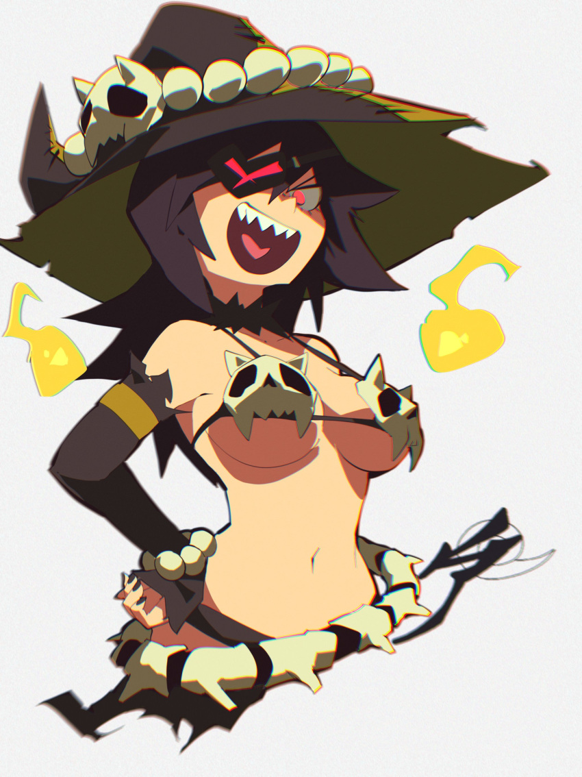 1girl, :d, absurdres, aetherion, bikini, black_nails, bone, breasts, chromatic_aberration, cropped_torso, detached_sleeves, eyepatch, fire, hand_on_hip, hat, hat_ornament, heart, heart_in_mouth, highres, magic, medium_breasts, navel, original, red_eyes, sharp_teeth, skull_bikini, skull_hat_ornament, smile, solo, strap_gap, swimsuit, teeth, under_boob, witch_hat