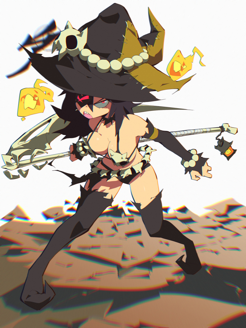 1girl, absurdres, aetherion, angry, bikini, bone, breasts, chromatic_aberration, detached_sleeves, eyepatch, fireball, full_body, hat, hat_ornament, highres, leaning_forward, magic, medium_breasts, open_mouth, original, sharp_teeth, skull_bikini, skull_hat_ornament, solo, staff, standing, swimsuit, teeth, witch, witch_hat