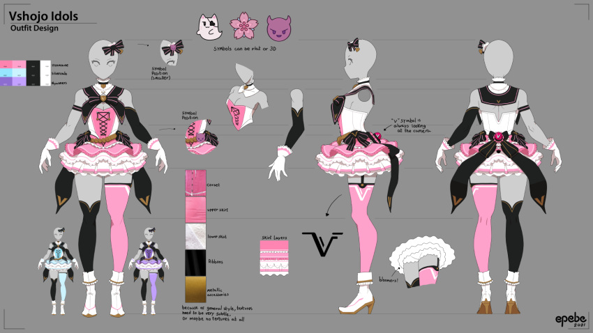 2021, bald, bald_girl, black_bow, blue_dress, bow, character_sheet, color_guide