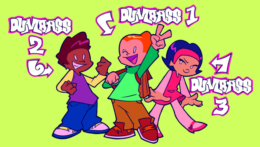 1girl, 2boys, darnell_(pico's_school), english_commentary, english_text, green_background, mebssann, nene_(pico's_school)