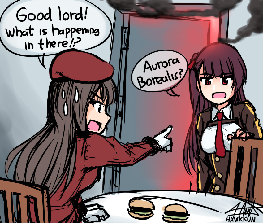 2girls, artist_name, beret, brown_hair, brown_jacket, burger, chair, collared_shirt, commentary, door, english_commentary, english_text, female_commander_(girls'_frontline), food, girls_frontline, gloves, hat, highres, jacket, long_hair, meme, multiple_girls, necktie, open_mouth, parody, red_eyes, red_headwear, red_jacket, senpaihawkkun, shirt, signature, smoke, steamed_hams, the_simpsons, wa2000_(girls'_frontline), white_shirt