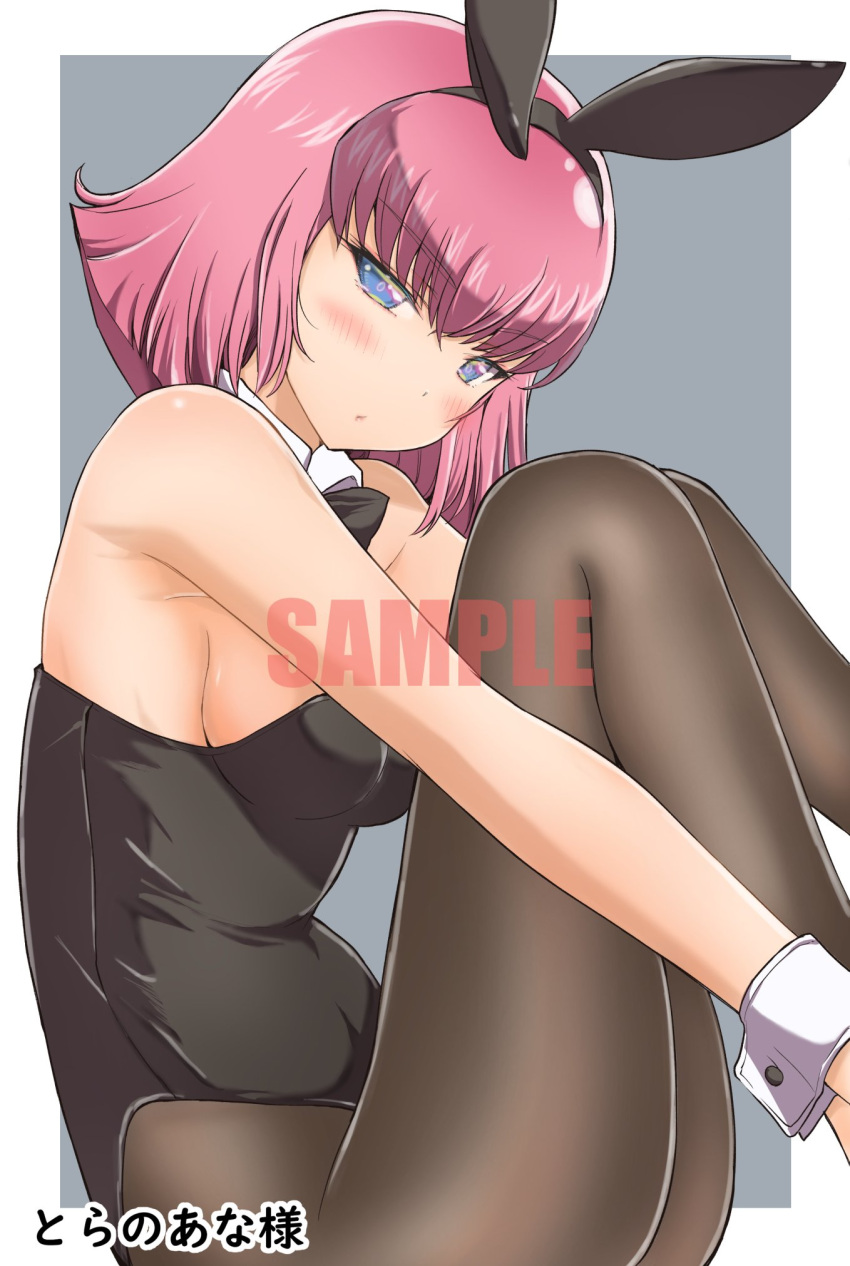 1girl, animal_ears, arasa_ol_haman-sama, bangs, black_bow, black_bowtie, black_legwear, black_leotard, blue_eyes, border, bow, bowtie, breasts, detached_collar, eyebrows_visible_through_hair, fake_animal_ears, fetal_position, from_side, grey_background, gundam, haman_karn, highres, iwasaki_masakazu, leotard, medium_breasts, outside_border, pantyhose, pink_hair, playboy_bunny, rabbit_ears, sample, short_hair, solo, watermark, white_border