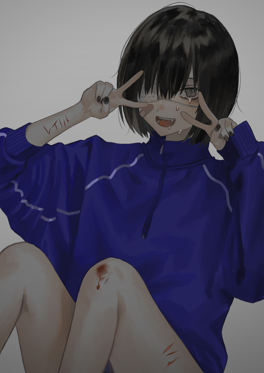 1girl, :d, absurdres, bandaid, bandaid_on_face, bangs, black_hair, black_nails