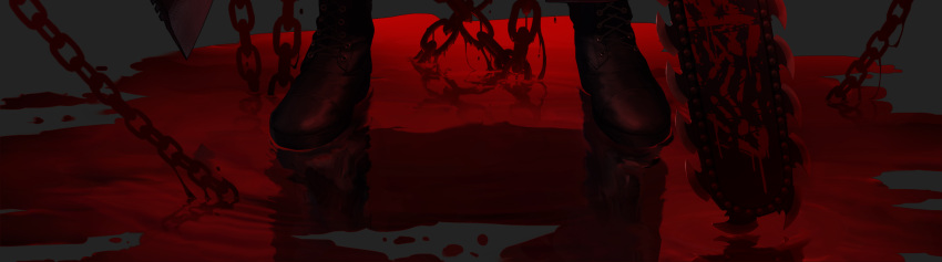 1other, black_footwear, black_survival, blood, bloody_handprints, chain, chainsaw, chainsaw_man