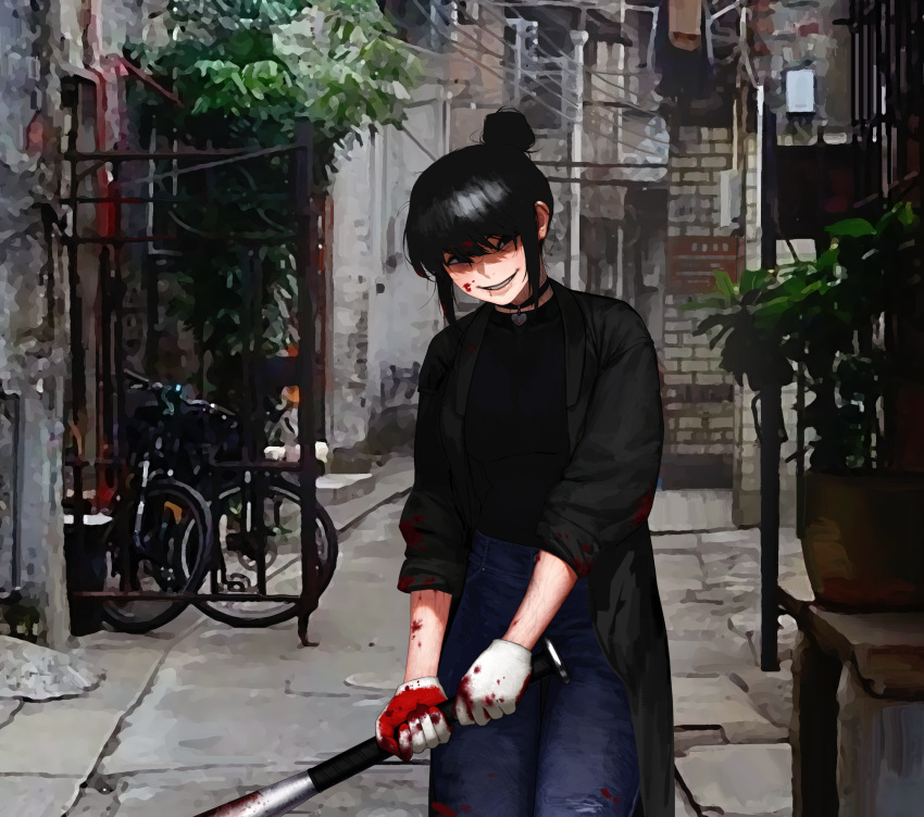 1girl, baseball_bat, bicycle, black_choker, black_coat, black_eyes, black_gloves, black_hair