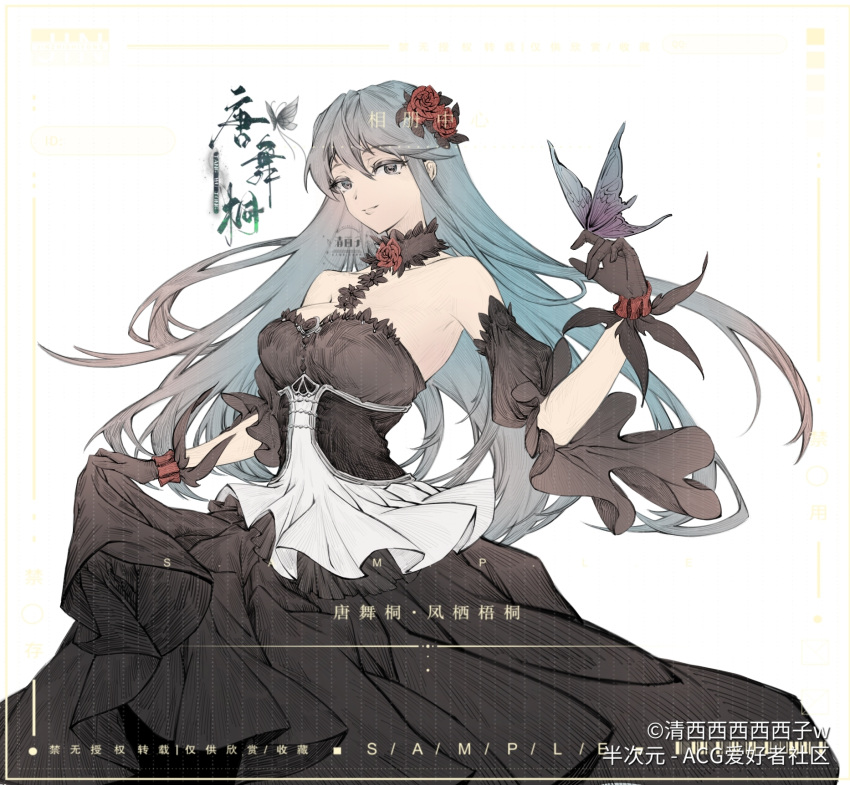 1girl, bare_shoulders, black_dress, black_gloves, blue_hair, bug, butterfly, collar