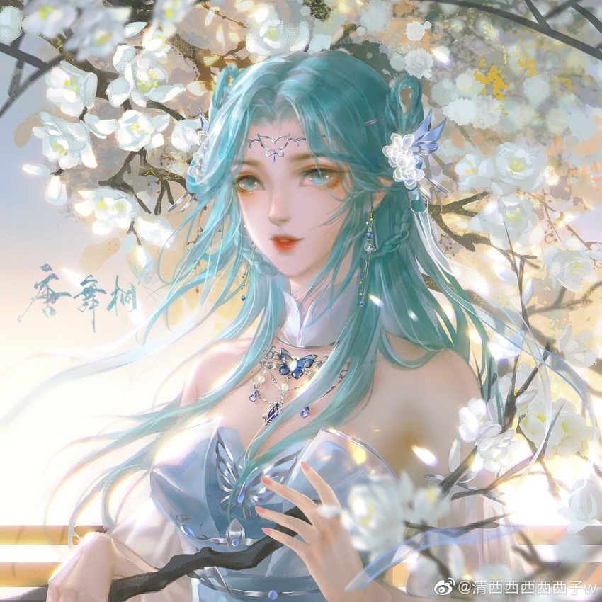 1girl, blue_dress, blue_hair, blurry_eyes, bug, butterfly, douluo_dalu, dress