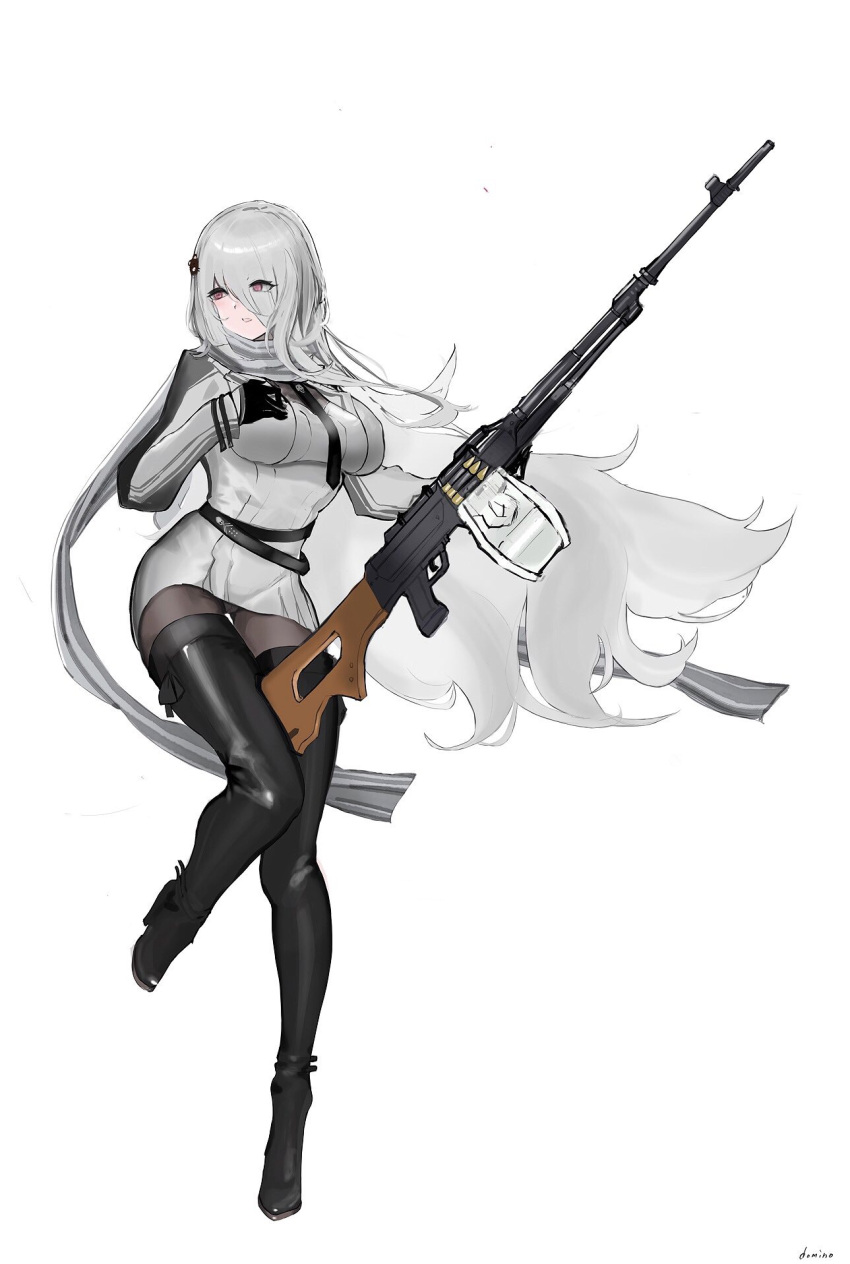 1girl, black_gloves, boots, breasts, commentary_request, domino42299029, dress, eyes_visible_through_hair, full_body, girls_frontline, gloves, grey_dress, grey_scarf, gun, hair_ornament, hair_over_one_eye, highres, holding, holding_gun, holding_weapon, large_breasts, leg_up, long_hair, looking_to_the_side, machine_gun, necktie, open_mouth, pantyhose, pk_(girls'_frontline), pk_machine_gun, scarf, silver_hair, simple_background, solo, thigh-highs, thigh_boots, weapon, white_background