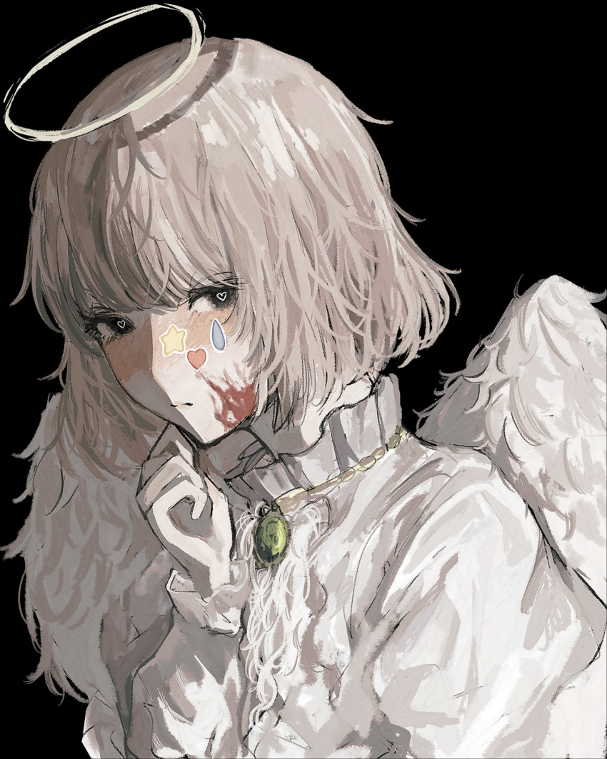 1girl, angel, angel_wings, bangs, black_background, black_eyes, blood, blood_on_face