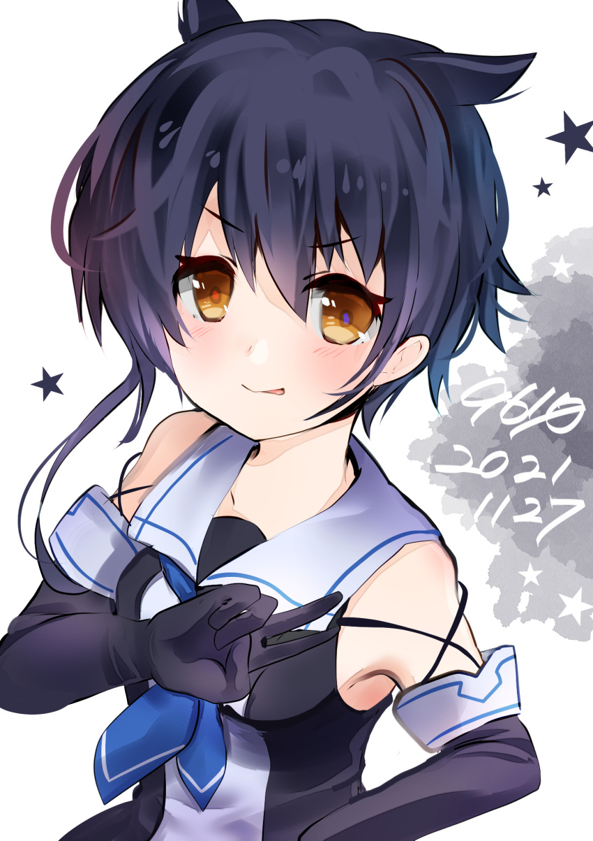 1girl, black_gloves, black_hair, brown_eyes, collared_shirt, commentary_request, cosplay, eiji_(monochromexd)