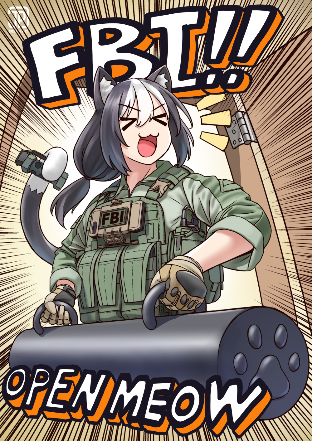 !, !!, >_<, 1girl, :3, alternate_costume, animal_ear_fluff, animal_ears