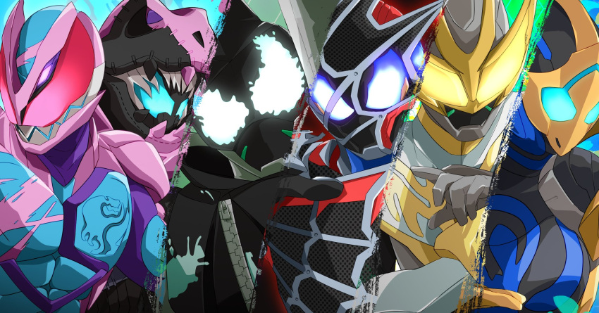 1girl, 5boys, arachne, armor, arthropod_girl, bat, bat_genome, black_armor