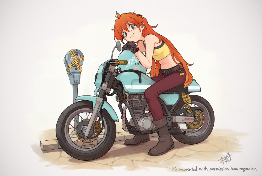 1girl, adapted_costume, belt, blush, breasts, brown_belt, brown_eyes, camisole, commission, contemporary, english_text, ground_vehicle, head_tilt, headwear_removed, helmet, helmet_removed, highres, lina_inverse, looking_at_viewer, midriff, motor_vehicle, motorcycle, navel, orange_hair, pants, parking_meter, red_pants, shima_(landsuzume), signature, sitting, slayers, small_breasts, smile, solo, vehicle_focus, yellow_camisole