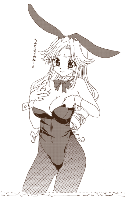 brown, bunny_ears, bunnysuit, drill_hair, fishnet_pantyhose, fishnets, hinoe_riho, kannazuki_megumi